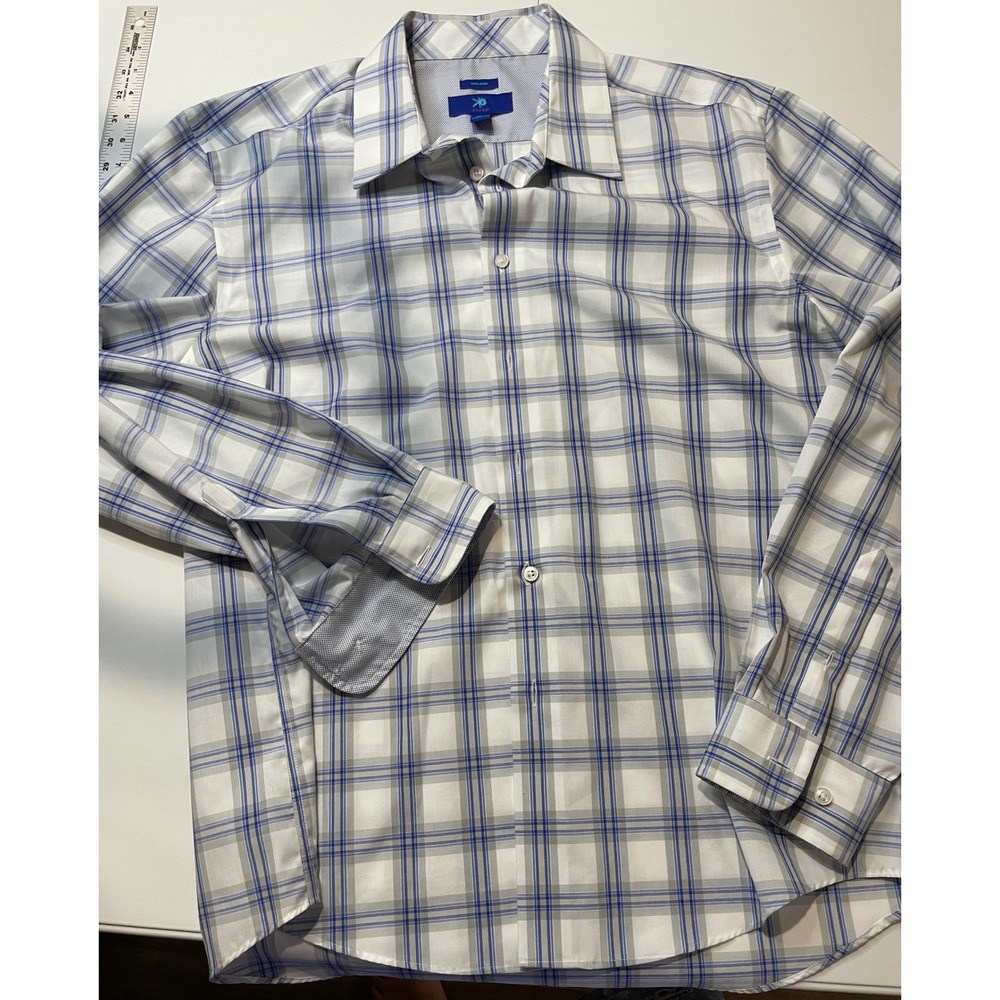 Egara Mens XL Blue Grey Plaid Non-Iron Button Down Dress Shirt 100% Cotton
